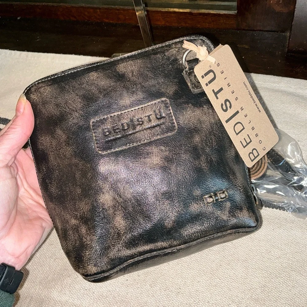 NWT Bed Stu Leather Ventura Crossbody Clutch Bag Black Hand Wash Retail $155